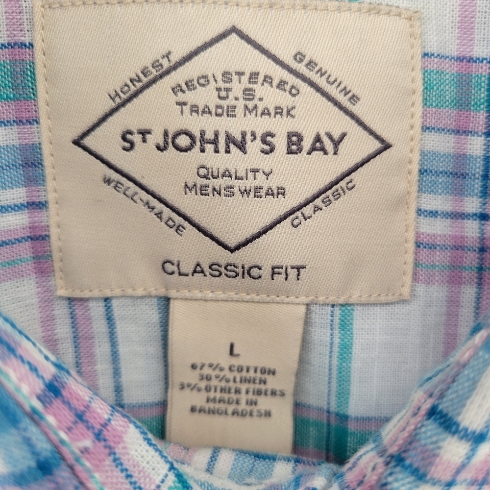 New St. John's Bay Madras Linen Mens Classic Fit Short Sleeve Button-Down Shirt. - Picture 5 of 7
